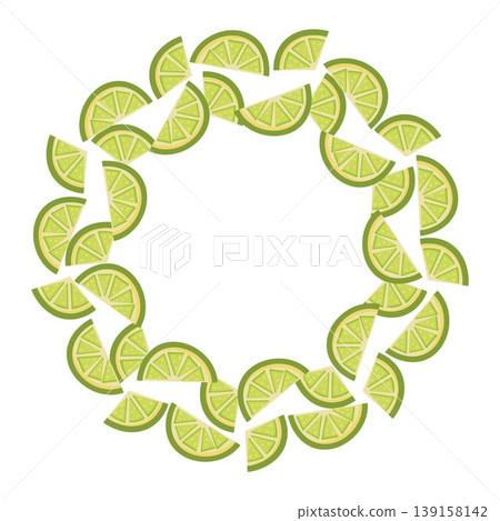 A wreath with sliced green limes arranged in a circle. Bright and fresh citrus design perfect for summer themes, tropical backgrounds and food packaging 139158142