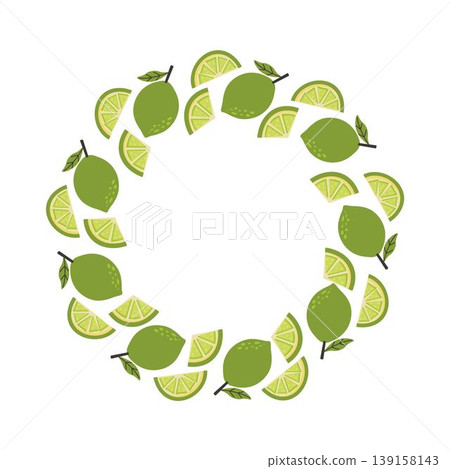 A wreath with whole and sliced green limes and leaves arranged in a circle. Bright and fresh citrus design perfect for summer themes, tropical backgrounds and food packaging A wreath with whole and sliced green limes and leaves arranged in a circle. Bright and fresh citrus design perfect for summer themes, tropical backgrounds and food packaging 139158143