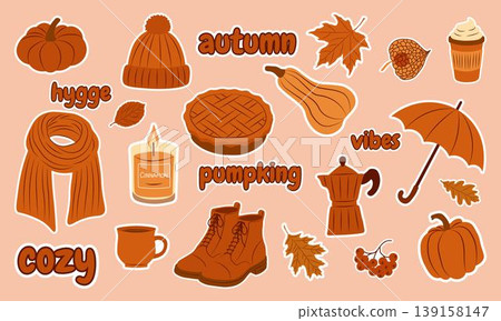 Autumn cozy sticker set. Cute fall elements for scrapbooking. Pumpkins, teapot, leaves, candle, pie. Ideal for fall season, social media, planner, and harvest designs 139158147