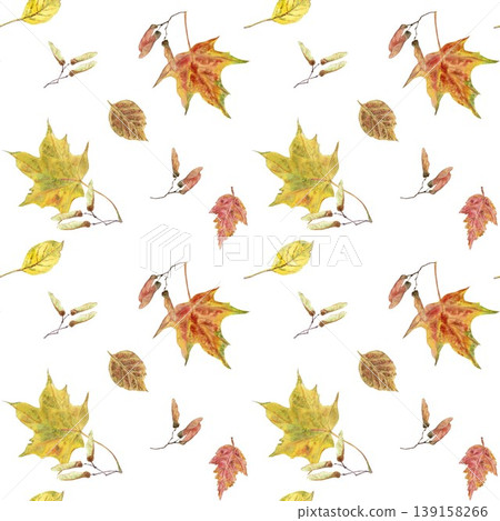 A seamless pattern of red, purple, orange, yellow, and green autumn leaves and seeds, hand-painted in watercolor on an isolated background. Simple, vibrant autumn botanical clip art for decorating. A seamless pattern of red, purple, orange, yellow, and green autumn leaves and seeds, hand-painted in watercolor on an isolated background. Simple, vibrant autumn botanical clip art for decorating. 139158266