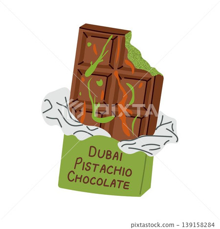 Dubai chocolate bar with pistachio paste filling in packaging. Luxury gourmet dessert. Premium handmade chocolate, cocoa dessert Dubai chocolate bar with pistachio paste filling in packaging. Luxury gourmet dessert. Premium handmade chocolate, cocoa dessert 139158284