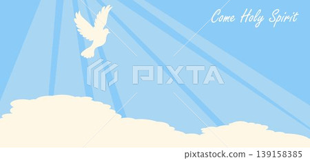 Elegant depicting a white dove, symbolizing the Holy Spirit, soaring above soft clouds with heavenly rays of light. Ideal for religious designs, church materials Elegant depicting a white dove, symbolizing the Holy Spirit, soaring above soft clouds with heavenly rays of light. Ideal for religious designs, church materials 139158385