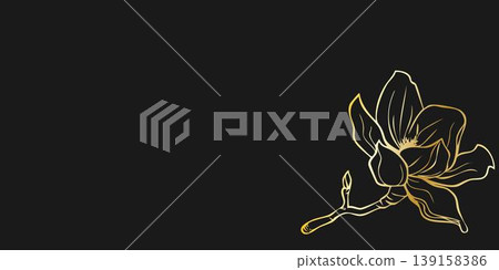 Elegant gold line art illustration of magnolia flowers on black dackground. Vintage botanical design Elegant gold line art illustration of magnolia flowers on black dackground. Vintage botanical design 139158386