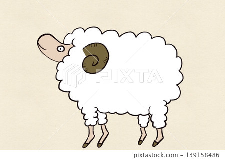 Hand-drawn style sheep illustration for New Year's cards on a Japanese paper background. 139158486