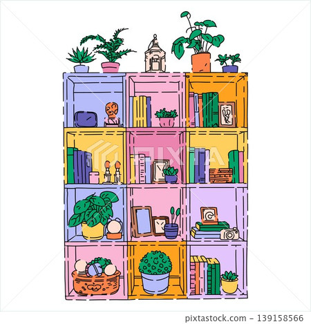 Colorful Hand Drawn Bookshelf with Plants and Decor Colorful Hand Drawn Bookshelf with Plants and Decor 139158566