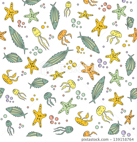 Marine pattern with colorful fish, jellyfish, starfish, and bubbles on white background 139158764