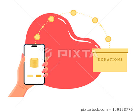 Mobile donation concept showing a hand holding a phone and transferring money to a donation box Mobile donation concept showing a hand holding a phone and transferring money to a donation box 139158776