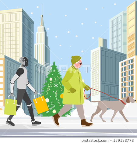 Christmas shopping scene in city with robot, elderly woman, dog, buildings, and snowflakes Christmas shopping scene in city with robot, elderly woman, dog, buildings, and snowflakes 139158778