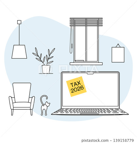 Home office illustration with chair, cat, laptop displaying Tax 2026 note, and decor elements 139158779