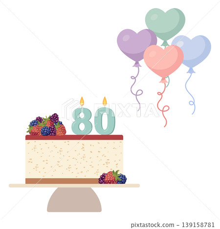 80th birthday cake with berries and pastel balloons floating, ideal for celebration background 80th birthday cake with berries and pastel balloons floating, ideal for celebration background 139158781