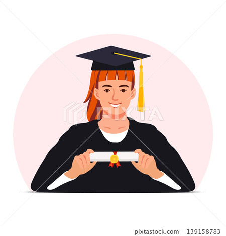 Graduation celebration with a young woman holding diploma, wearing cap with tassel 139158783