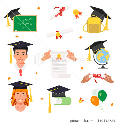 Graduation items, cap, diploma, and student illustrations for academic achievement concepts 139158785