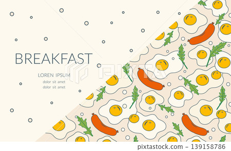 Breakfast food pattern with eggs, sausages, and greens on a diagonal background with text space 139158786