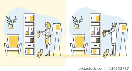 Robot and person cleaning room with bookshelf, chair, plant, and cat in minimalistic style background 139158787