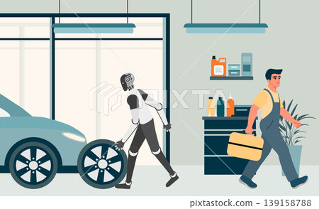 Robot in auto repair shop working on car wheel while human mechanic walks away with toolbox Robot in auto repair shop working on car wheel while human mechanic walks away with toolbox 139158788