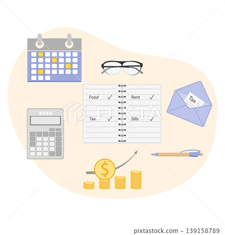 Budget planning concept with notebook, calculator, calendar, and tax envelope on a beige background Budget planning concept with notebook, calculator, calendar, and tax envelope on a beige background 139158789