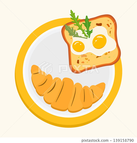Breakfast illustration with croissant, toast, and sunny-side-up eggs on a plate, view from above 139158790
