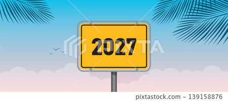 summer holiday sign 2027 on blue sky background with palm leaves vector illustration summer holiday sign 2027 on blue sky background with palm leaves vector illustration 139158876