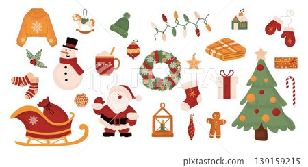 Large set of holiday Christmas design elements. Collection of beautiful decorative elements with Santa, presents, fur tree, wreaths 139159215