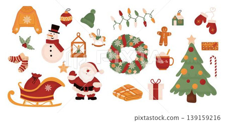 Large set of holiday Christmas design elements. Collection of beautiful decorative elements with Santa, presents, fur tree, wreaths Large set of holiday Christmas design elements. Collection of beautiful decorative elements with Santa, presents, fur tree, wreaths 139159216