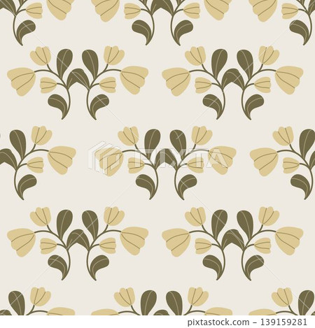 Seamless botanical pattern featuring stylized floral branches and leaves on a cream background. Elegant and minimal design a natural, vintage-inspired aesthetic. Subtle color palette and organic 139159281
