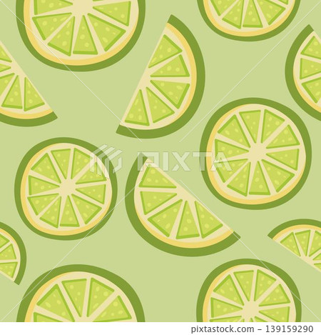 Seamless pattern featuring lime slices and wedges on a green background. Perfect for summer designs, food packaging, fabric, or kitchen-themed prints 139159290