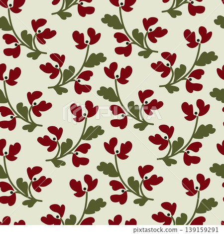 Seamless pattern featuring stylized red flowers with green leaves in folk art style.Traditional botanical motif on soft light background. Ideal for boho decor and romantic prints 139159291