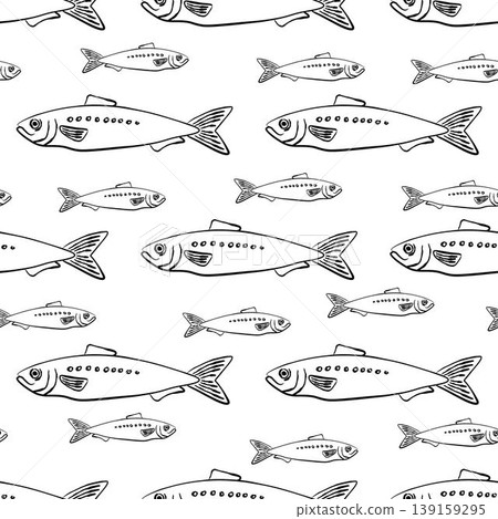 Seamless pattern with hand drawn sardine fish in black. Ideal for seafood packaging, kitchen textiles, restaurant branding, wrapping paper, or retro nautical-themed designs Seamless pattern with hand drawn sardine fish in black. Ideal for seafood packaging, kitchen textiles, restaurant branding, wrapping paper, or retro nautical-themed designs 139159295