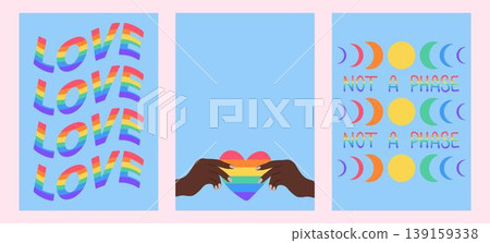 Set simple posters with pride colors. Celebrates diversity, equality, and LGBTQ+ community. Ideal for social media, events, and apparel 139159338