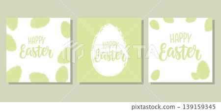 Set of three Easter greeting cards featuring a soft green and white color palette. Modern and minimalist holiday design for seasonal celebrations Set of three Easter greeting cards featuring a soft green and white color palette. Modern and minimalist holiday design for seasonal celebrations 139159345