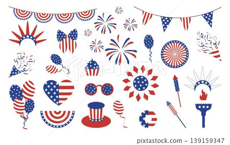 Set of USA celebration national symbols by the Fourth of July. Ideal for American Independence Day designs, party invitations, banners, and patriotic-themed graphics 139159347