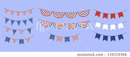 Set of patriotic bunting garlands in red, white, and blue.Includes various flag and pennant styles perfect for decorating Independence Day events and American holiday designs 139159366