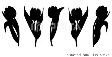 Set of isolated black tulip silhouettes. Spring flower. Design elements Set of isolated black tulip silhouettes. Spring flower. Design elements 139159376