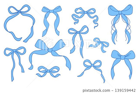 Set of blue bows. Bowknots for hair decor. Trendy girls hair braiding accessories Set of blue bows. Bowknots for hair decor. Trendy girls hair braiding accessories 139159442
