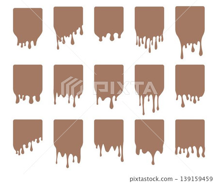 Set of drip square labels. Paint drip stickers. Brown paint liquid. Brown inkblot. Mocha Mousse Set of drip square labels. Paint drip stickers. Brown paint liquid. Brown inkblot. Mocha Mousse 139159459
