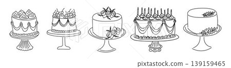 Set of hand drawn birthday cakes. Vintage cake illustrations with candles, floral decor and whipped cream. Perfect for coloring pages, baking blogs, party printables Set of hand drawn birthday cakes. Vintage cake illustrations with candles, floral decor and whipped cream. Perfect for coloring pages, baking blogs, party printables 139159465