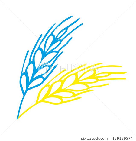 Blue and yellow Spikelet of wheat in doodle style. Simple black and white sketch of wheat, barley or rye stalk for bakery products, flour, package.Vector illustration Blue and yellow Spikelet of wheat in doodle style. Simple black and white sketch of wheat, barley or rye stalk for bakery products, flour, package.Vector illustration 139159574