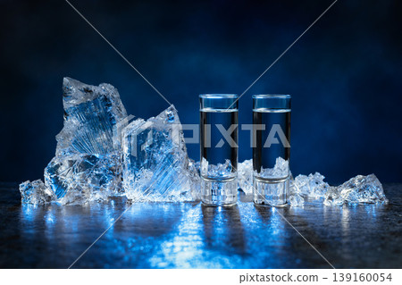 Shot glasses of vodka and ice on a dark blue background. 139160054