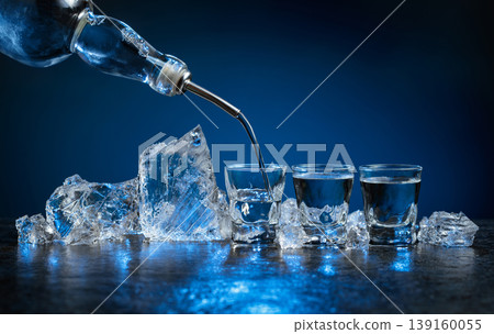 Shot glasses of vodka and ice on a dark blue background. Shot glasses of vodka and ice on a dark blue background. 139160055