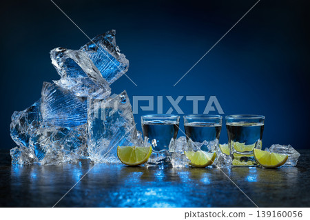 Shot glasses of vodka with lime slices and ice shards on a dark blue background. Shot glasses of vodka with lime slices and ice shards on a dark blue background. 139160056