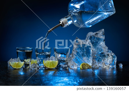 Shot glasses of vodka with lime slices and ice on a dark blue background. Shot glasses of vodka with lime slices and ice on a dark blue background. 139160057