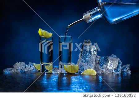 Shot glasses of vodka with lime slices and ice on a dark blue background. Shot glasses of vodka with lime slices and ice on a dark blue background. 139160058