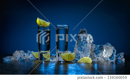 Shot glasses of vodka with lime slices and ice shards on a dark blue background. Shot glasses of vodka with lime slices and ice shards on a dark blue background. 139160059