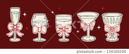 Elegant cocktail and wine glasses collection with pink bows. Coquette illustration. Whimsical vintage hand drawn sketch. Elegant cocktail and wine glasses collection with pink bows. Coquette illustration. Whimsical vintage hand drawn sketch. 139160208