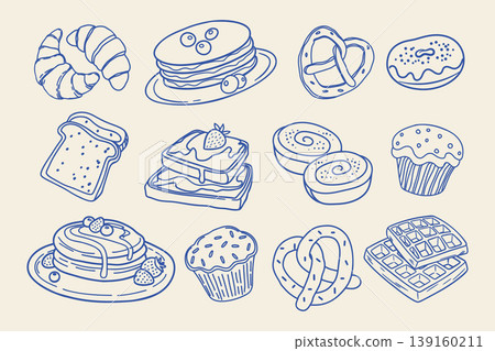 Hand drawn breakfast and bakery elements collection. Fresh pastries, pretzel, croissant, toast, pancakes, waffles. Blue outline. 139160211