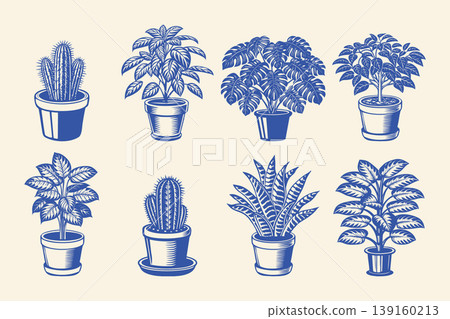 Set of hand drawn houseplants in pots. Vintage engraved potted houseplants elements collection. Set of hand drawn houseplants in pots. Vintage engraved potted houseplants elements collection. 139160213
