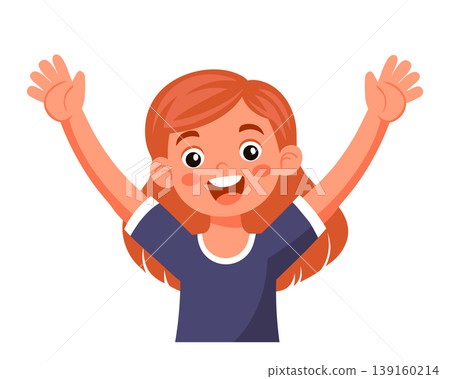 Little smiling girl with raised hands. Illustration. 139160214