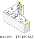 Isometric line drawing illustration of a female staff member standing at an L-shaped reception counter. 139160328