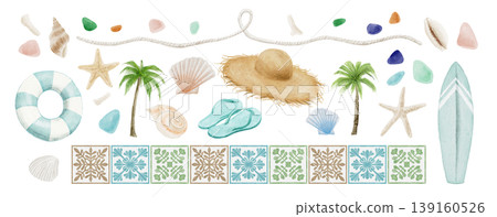 Watercolor illustration set with beach elements: straw hat, seashells, palm trees, sea glass. 139160526