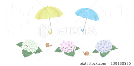 Rainy season illustration set - Umbrella, hydrangea, rain, snail 139160550
